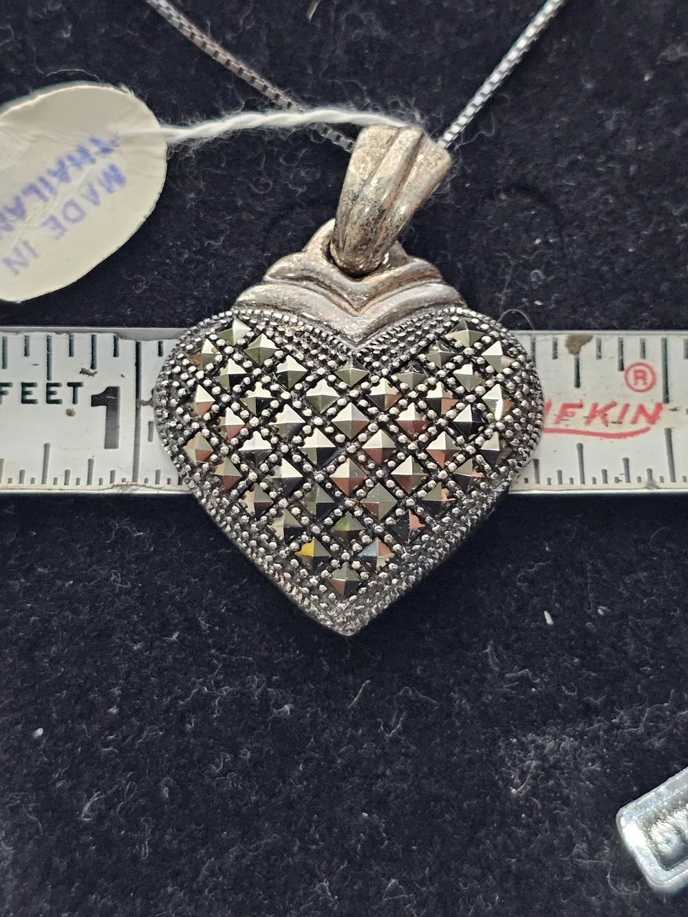 925 NOS Art Deco Sterling Silver Heart Pendant Necklace. Marcasite 24